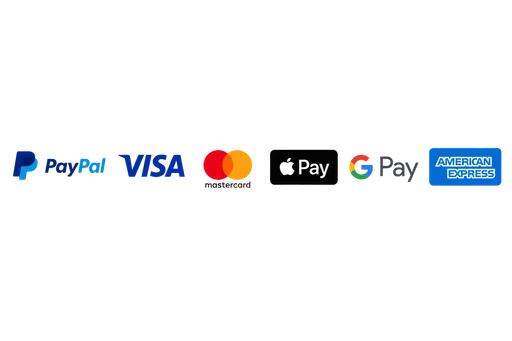PayPal, Visa, Mastercard, Apple Pay, Google Pay and American Express